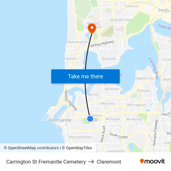 Carrington St Fremantle Cemetery to Claremont map