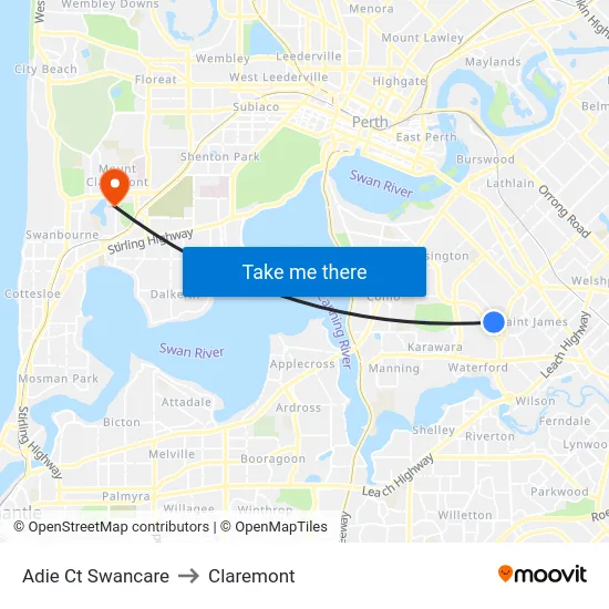 Adie Ct Swancare to Claremont map