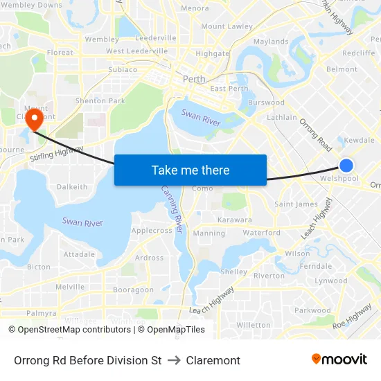 Orrong Rd Before Division St to Claremont map