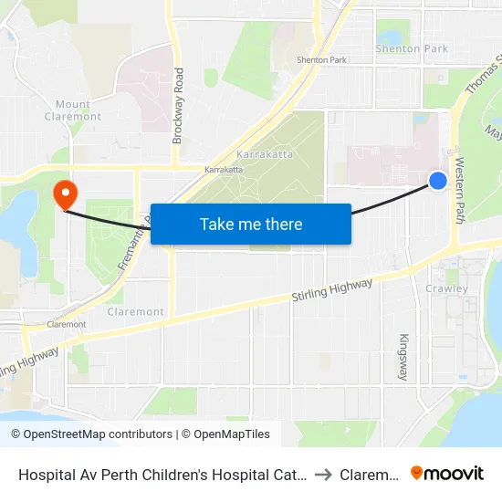 Hospital Av Perth Children's Hospital Cat Id 132 to Claremont map
