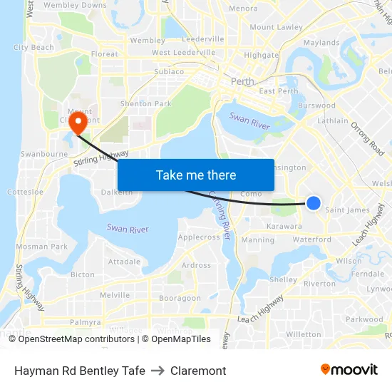 Hayman Rd Bentley Tafe to Claremont map