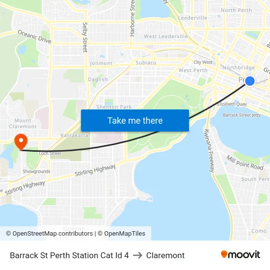 Barrack St Perth Station Cat Id 4 to Claremont map