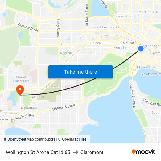 Wellington St Arena Cat Id 65 to Claremont map
