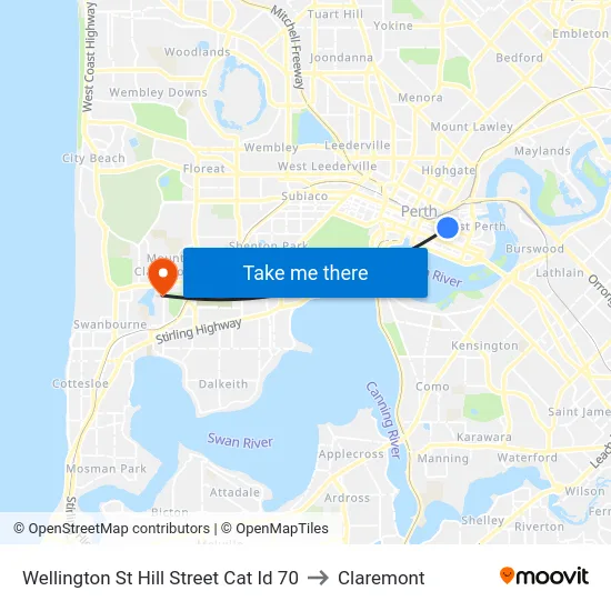 Wellington St Hill Street Cat Id 70 to Claremont map