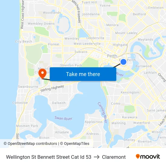 Wellington St Bennett Street Cat Id 53 to Claremont map