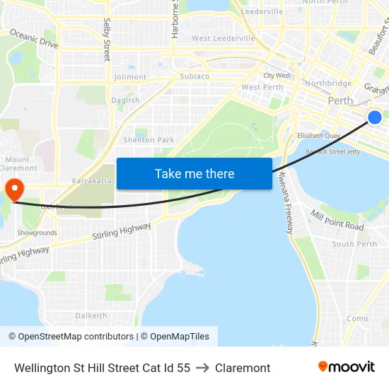 Wellington St Hill Street Cat Id 55 to Claremont map