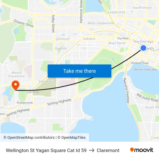 Wellington St Yagan Square Cat Id 59 to Claremont map