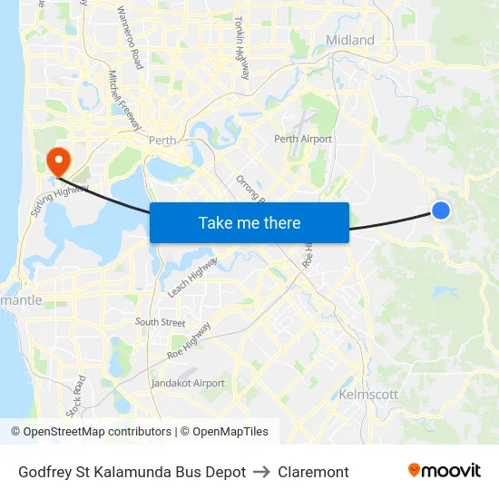 Godfrey St Kalamunda Bus Depot to Claremont map