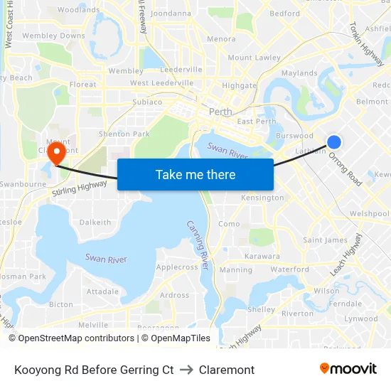Kooyong Rd Before Gerring Ct to Claremont map