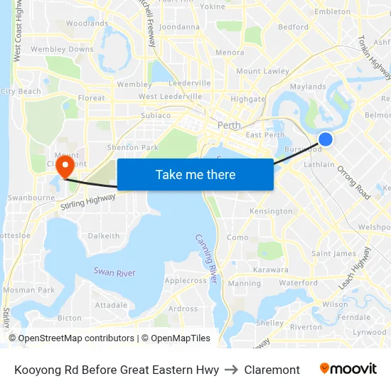 Kooyong Rd Before Great Eastern Hwy to Claremont map