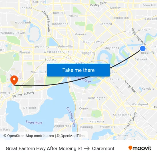 Great Eastern Hwy After Moreing St to Claremont map