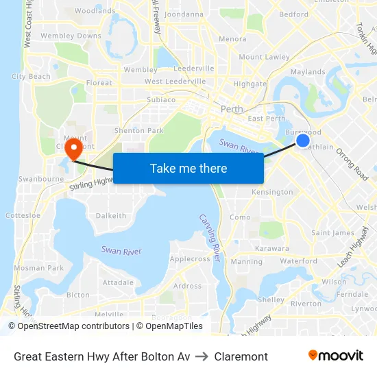 Great Eastern Hwy After Bolton Av to Claremont map
