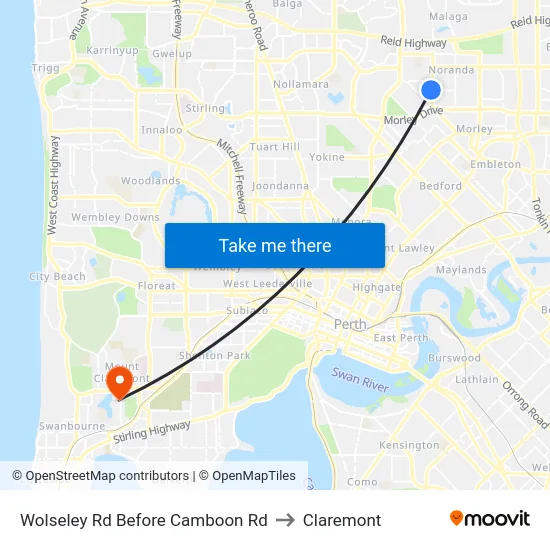 Wolseley Rd Before Camboon Rd to Claremont map