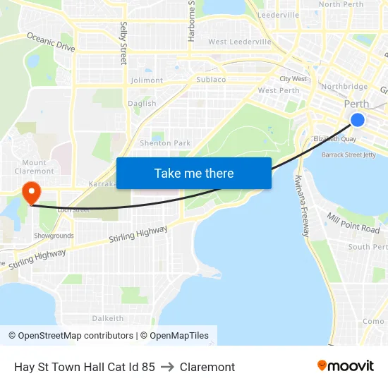 Hay St Town Hall Cat Id 85 to Claremont map