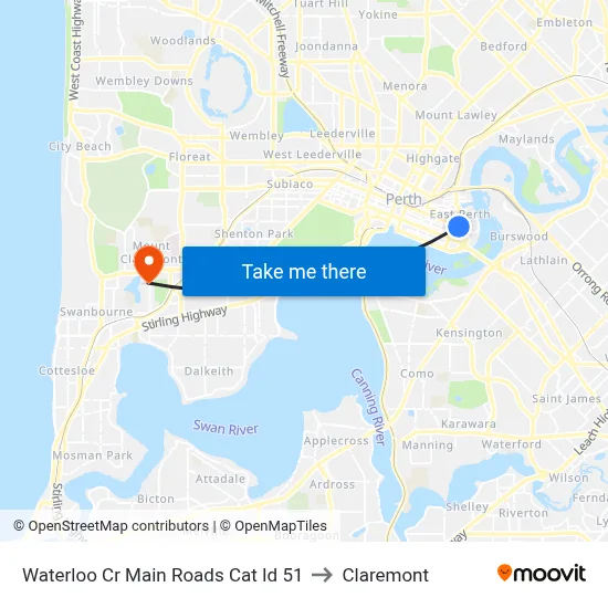 Waterloo Cr Main Roads Cat Id 51 to Claremont map