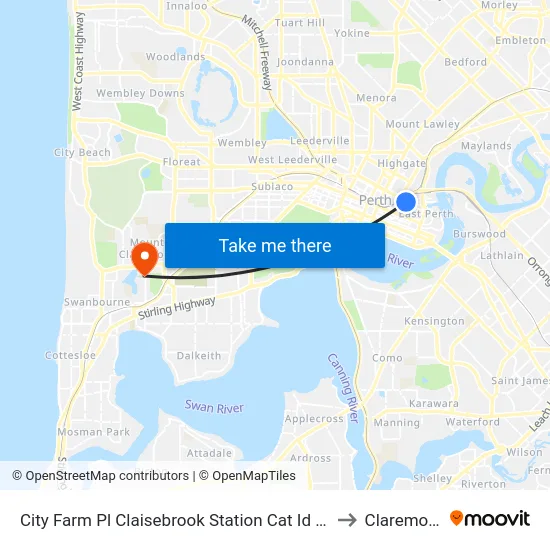 City Farm Pl Claisebrook Station Cat Id 45 to Claremont map