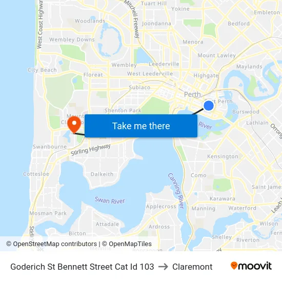 Goderich St Bennett Street Cat Id 103 to Claremont map