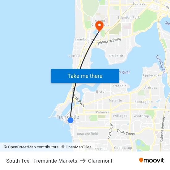 South Tce - Fremantle Markets to Claremont map