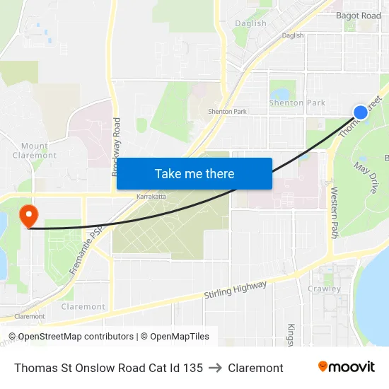 Thomas St Onslow Road Cat Id 135 to Claremont map