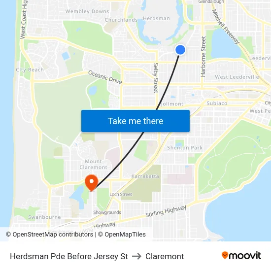 Herdsman Pde Before Jersey St to Claremont map