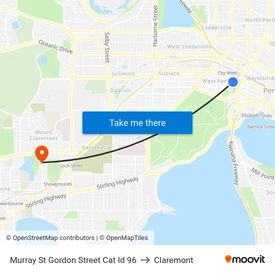 Murray St Gordon Street Cat Id 96 to Claremont map