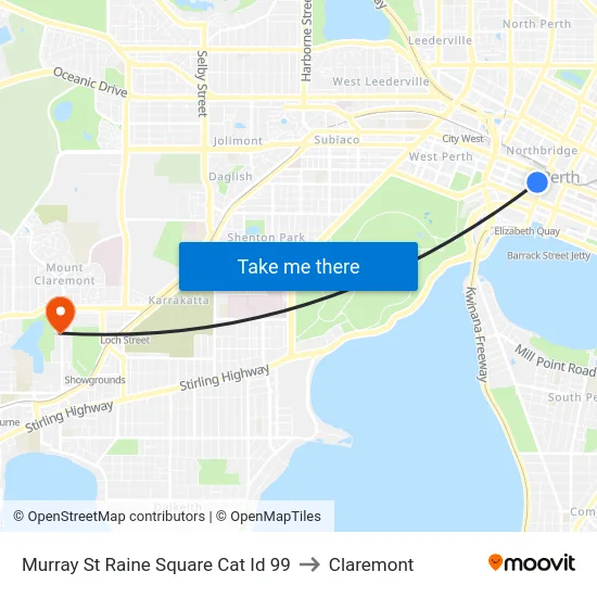 Murray St Raine Square Cat Id 99 to Claremont map