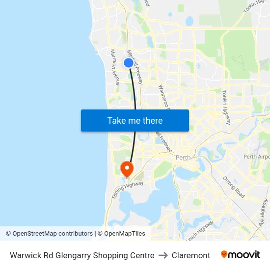 Warwick Rd Glengarry Shopping Centre to Claremont map