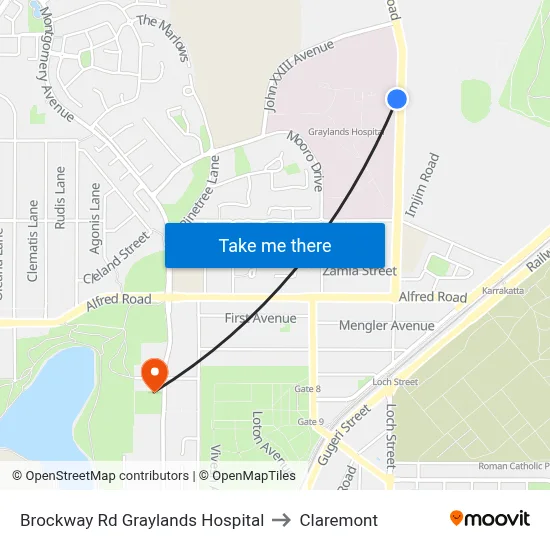 Brockway Rd Graylands Hospital to Claremont map