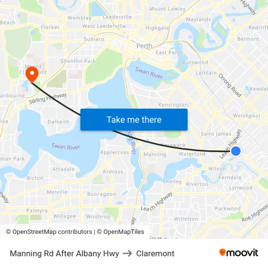 Manning Rd After Albany Hwy to Claremont map