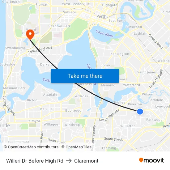 Willeri Dr Before High Rd to Claremont map