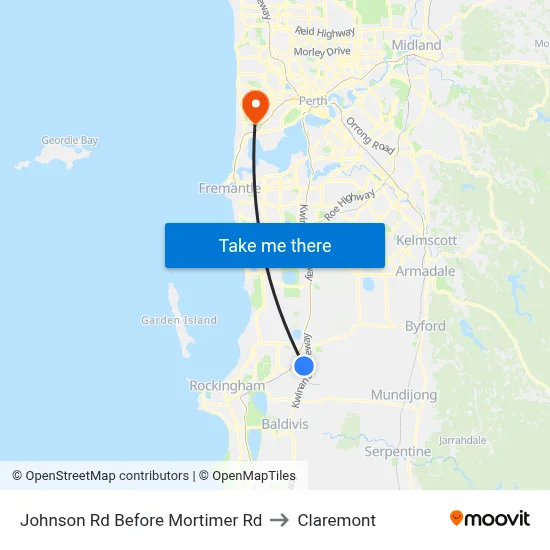 Johnson Rd Before Mortimer Rd to Claremont map