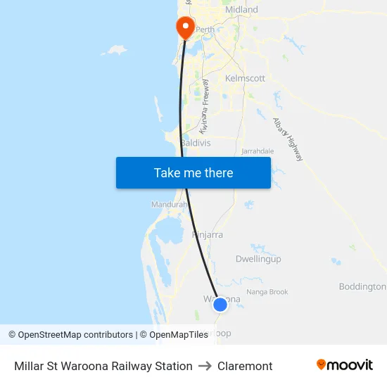 Millar St Waroona Railway Station to Claremont map