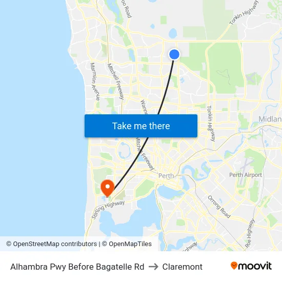 Alhambra Pwy Before Bagatelle Rd to Claremont map