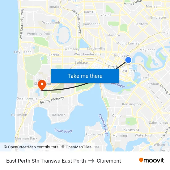 East Perth Stn Transwa East Perth to Claremont map