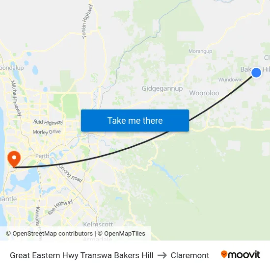Great Eastern Hwy Transwa Bakers Hill to Claremont map