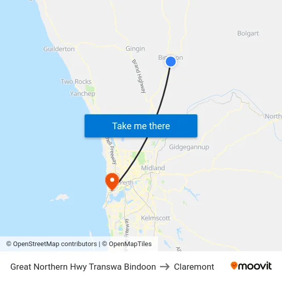 Great Northern Hwy Transwa Bindoon to Claremont map