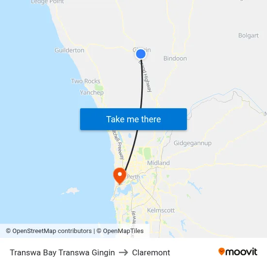Transwa Bay Transwa Gingin to Claremont map
