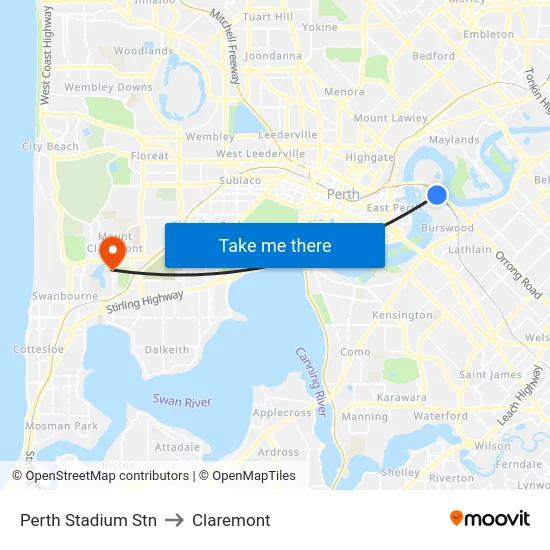 Perth Stadium Stn to Claremont map