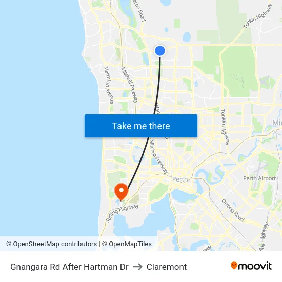 Gnangara Rd After Hartman Dr to Claremont map