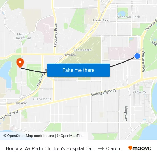 Hospital Av Perth Children's Hospital Cat Id 116 to Claremont map