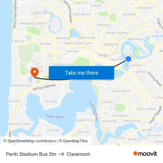 Perth Stadium Bus Stn to Claremont map