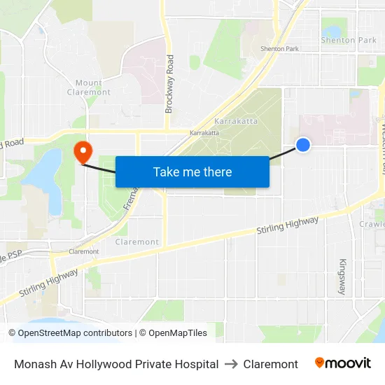 Monash Av Hollywood Private Hospital to Claremont map