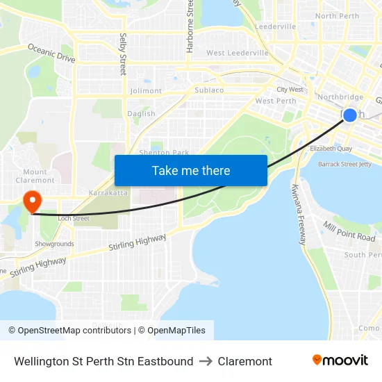 Wellington St Perth Stn Eastbound to Claremont map