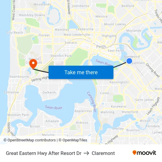 Great Eastern Hwy After Resort Dr to Claremont map