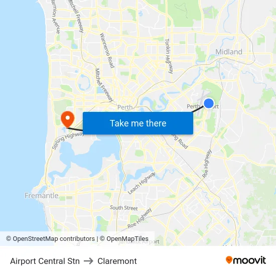 Airport Central Stn to Claremont map