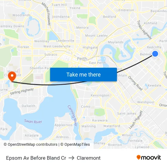 Epsom Av Before Bland Cr to Claremont map