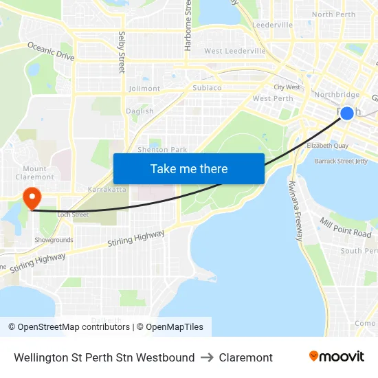 Wellington St Perth Stn Westbound to Claremont map