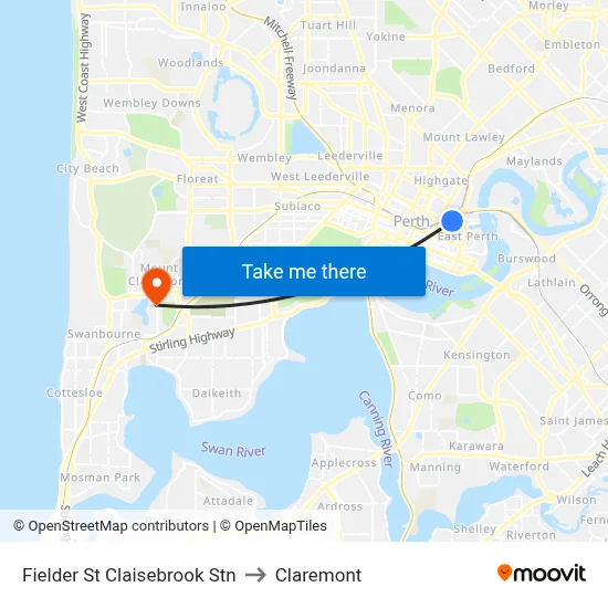 Fielder St Claisebrook Stn to Claremont map