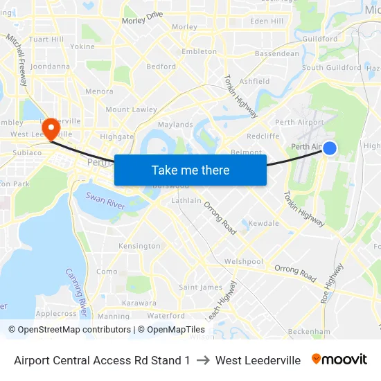 Airport Central Access Rd Stand 1 to West Leederville map