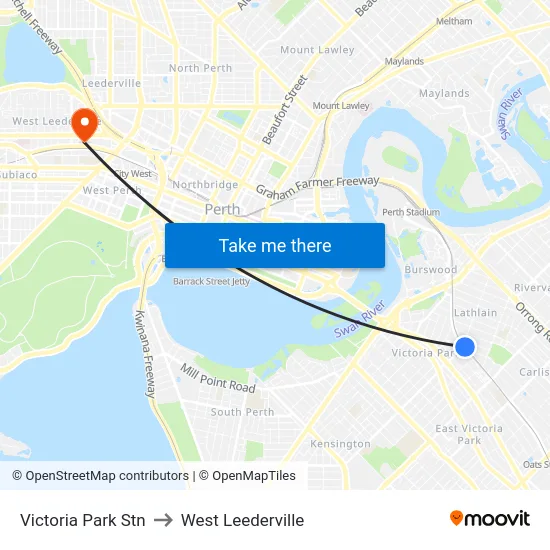 Victoria Park Stn to West Leederville map